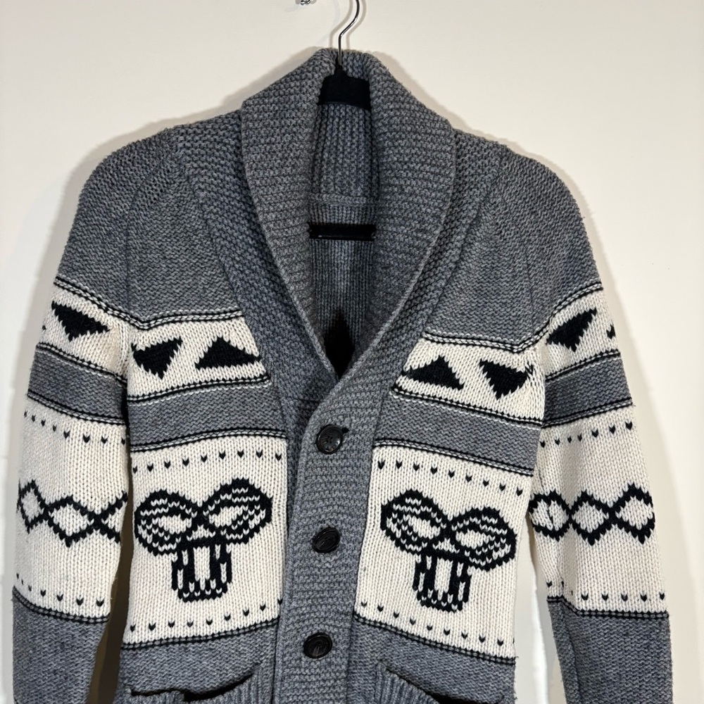 TNA 100% Lambswool Shawl Collar Cardigan Grey Cream Womens Size XS - Picture 2 of 10
